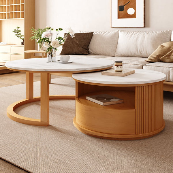 English Elm Round Nesting Coffee Table with Marble-Style White Top, 2-Tier Storage & Drawer, Natural Wood Finish—Space-Saving Modern Design for Small Living Rooms (28.5") N735P305621N