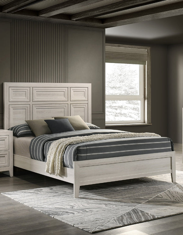 English Elm 1pc Elegant Panel Queen Bed with Framed Headboard and Recessed Detailing for Serene Bedroom Retreat Antique White 82.05 L x 33.98 W x 5.91 H B2741S00598