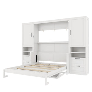 English Elm Queen Murphy Fold Down Wall Bed with Wardrobe Drawers and Shelves for Guest Rooms White LP000909AAK-2