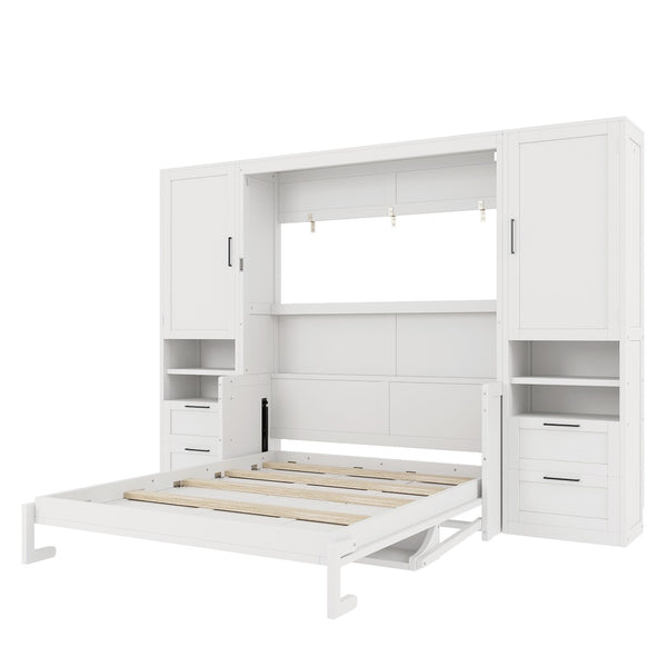 English Elm Queen Murphy Fold Down Wall Bed with Wardrobe Drawers and Shelves for Guest Rooms White LP000909AAK-2