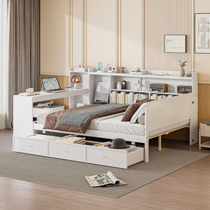 English Elm Full Size Wooden Daybed With Integrated Desk, Usb Ports, 3 Drawers & Modern White Finish N820S00018K