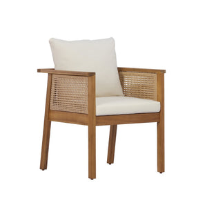 English Elm 7 Piece Acacia Wood Outdoor Dining Set Wicker Back Armchairs Teak Finish Patio N762P371718D_N762P403831T6