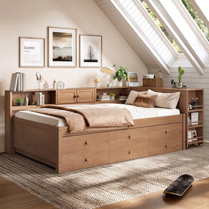 English Elm Twin Daybed Pine Frame with Trundle Desk Hutch Shelves and Storage for Kids Rooms Brown W1580S00459