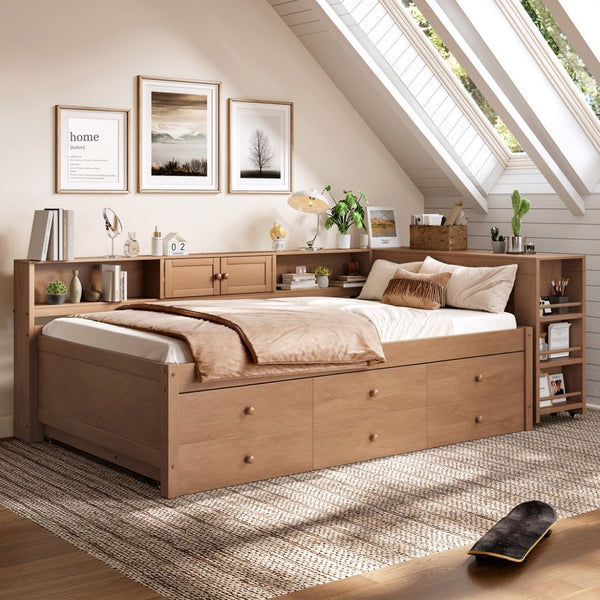 English Elm Twin Daybed Pine Frame with Trundle Desk Hutch Shelves and Storage for Kids Rooms Brown W1580S00459