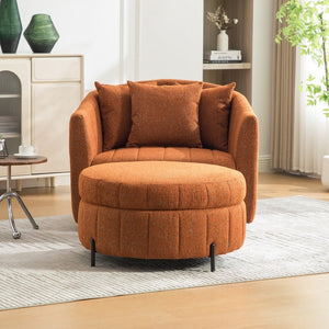 English Elm 39"w Swivel Barrel Club Chair with Channel Tufted Chenille and Round Storage Ottoman Set Orange W3118S00048