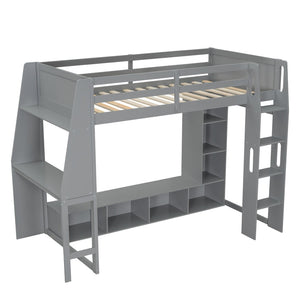 English Elm Wood Twin Size Gaming Loft Bed With Desk, Shelves, Led Lights & Clothes Rack - Gray Space Saver! N7090001041E-GIGA
