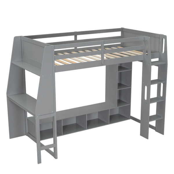 English Elm Wood Twin Size Gaming Loft Bed With Desk, Shelves, Led Lights & Clothes Rack - Gray Space Saver! N7090001041E-GIGA