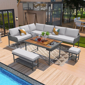 English Elm K&K 6-Piece Rope Patio L-Shaped Sectional Set with Acacia Wood Ice Box Table and Deep Cushions Grey N707S000014G