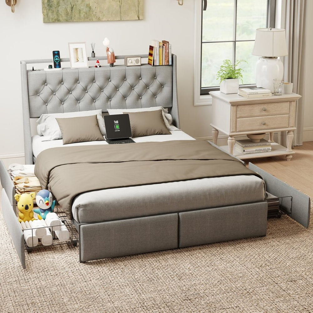 English Elm Queen Storage Platform Bed with Rgb Lighting Linen Headboard and Built-in Charging T3963P437321