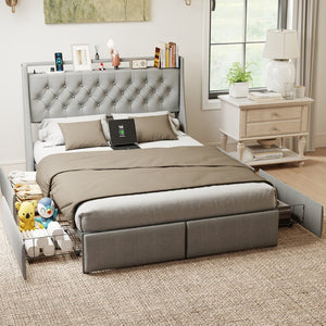 English Elm Queen Storage Platform Bed with Rgb Lighting Linen Headboard and Built-in Charging T3963P437321