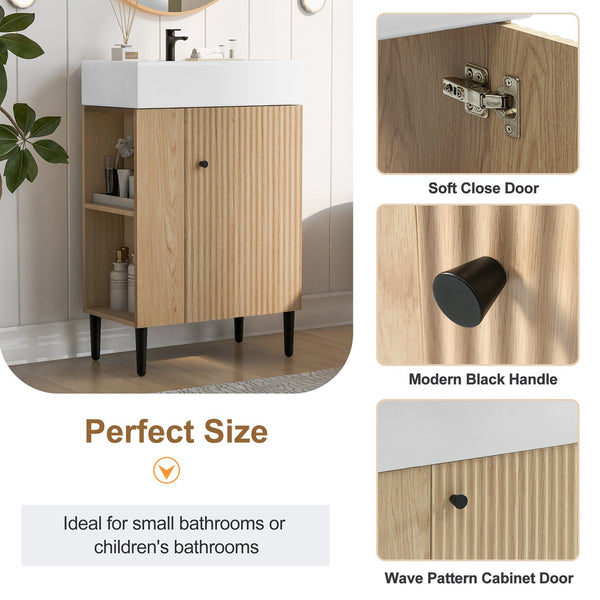 English Elm 21.6" Wood Left Side Storage Bathroom Vanity with Ceramic Sink, Soft-Close Door, Gold Handles, Modern SV000007AAD