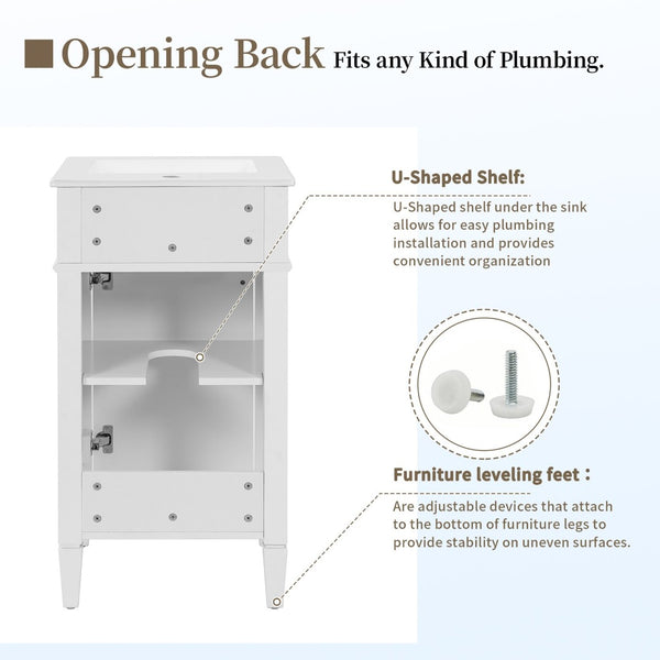English Elm 18-inch French Style Freestanding Bathroom Vanity with Ceramic Sink Soft Close Storage White N710P411340K