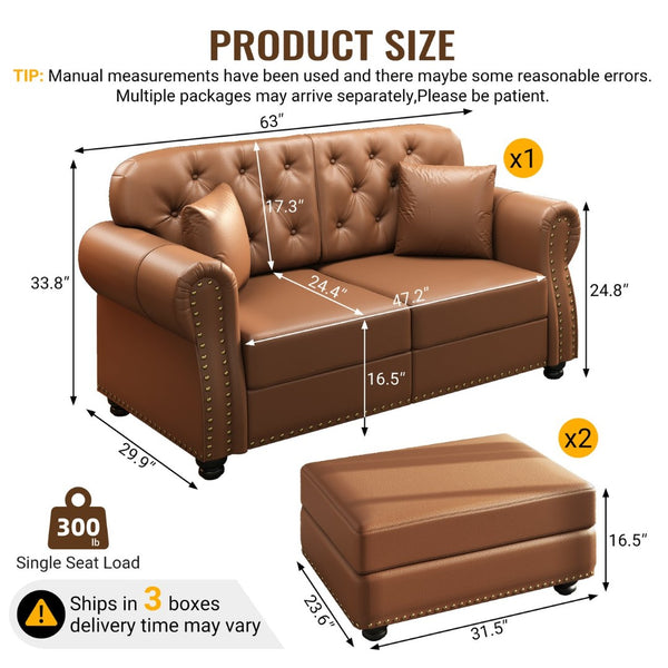 English Elm 63"upholstered Faux Leather Loveseat Mid-century Chesterfield Tufted Nailhead Sofa Set Brown W1885S00427