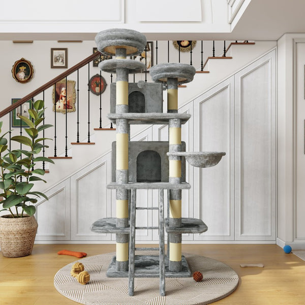 English Elm Large 7 Tier Plush Cat Tree with Dual Condos Hammock Sisal Posts for Multi Cat Homes Gray W1578P447623