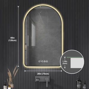 English Elm 28"x48"Arched LED Mirror with Clock & Thermometer, Anti-Fog, Dimmable 3-Color Backlight, Black Frame W2709P242512