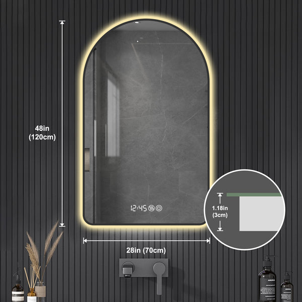 English Elm 32"x60"Arched LED Mirror with Time & Temp Display, Anti-Fog Defog, Dimmable 3-Color Light, Black Frame W2709P329053