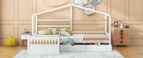 English Elm Twin House Platform Bed with Three Storage Drawers for Kids, Solid Pine & MDF, Sleek Roof Design White GX001026AAK
