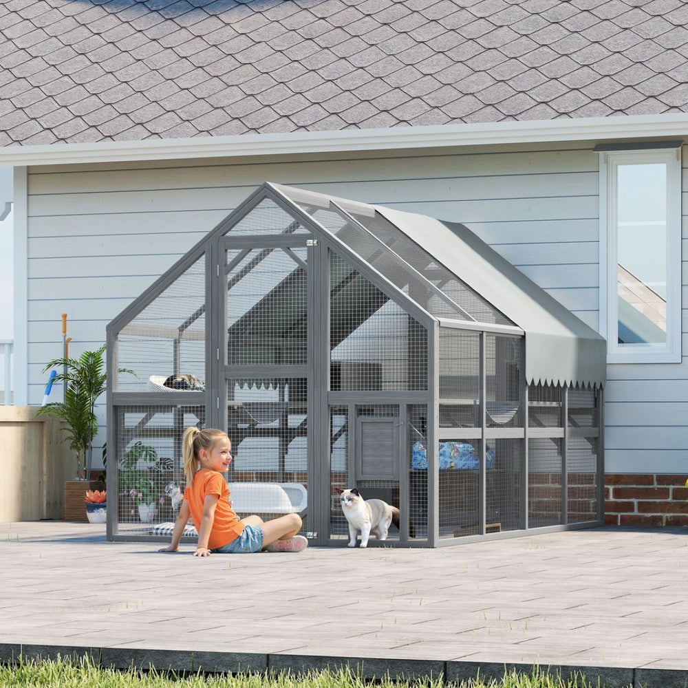English Elm Cat, Cat Outdoor Wooden Enclosure with Seven Platforms Resting Boxes and Waterproof Canopy W1598S00040