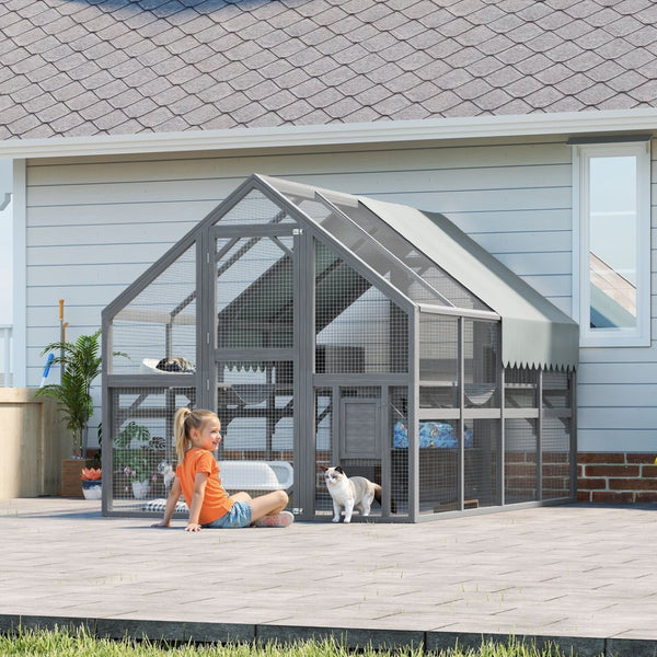English Elm Cat, Cat Outdoor Wooden Enclosure with Seven Platforms Resting Boxes and Waterproof Canopy W1598S00040