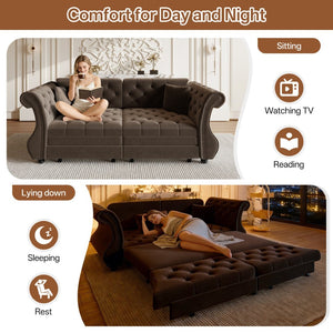 English Elm 83.8" Chesterfield Sleeper Sofa Velvet Upholstered with Flower Tufting for Living Room Brown W1885S00402