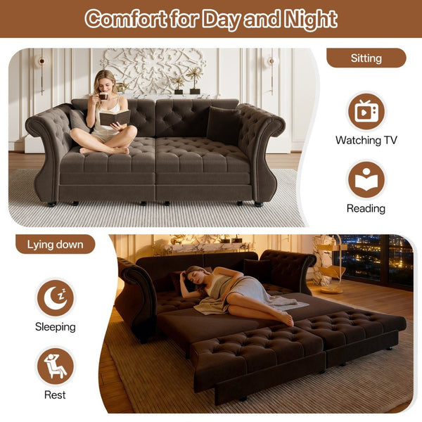 English Elm 83.8" Chesterfield Sleeper Sofa Velvet Upholstered with Flower Tufting for Living Room Brown W1885S00402