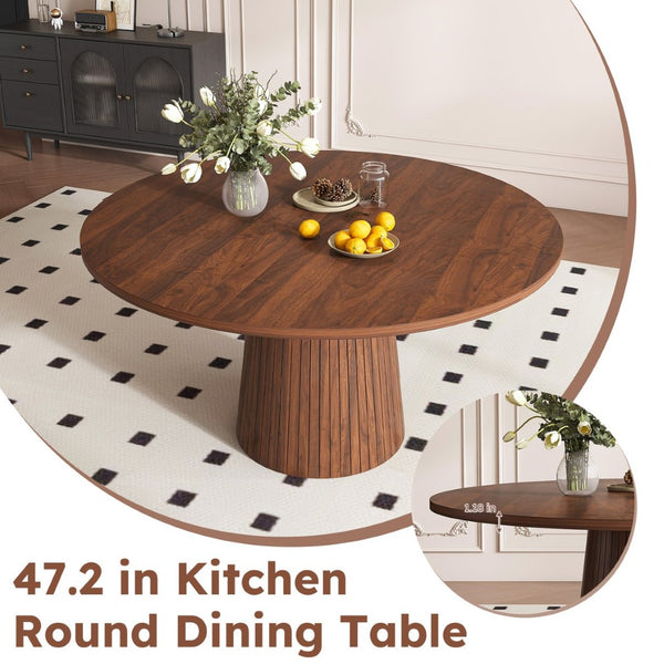 English Elm 47 Inch Round Marble Veneer Mdf Dining Table Seats Four with Slim Wood Strip Base Walnut W2700P404637