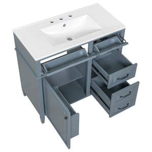 English Elm 36-Inch Modern Bathroom Vanity With Ceramic Sink Top, Storage Drawers, And Stylish Blue Gray Finish N725P350849E