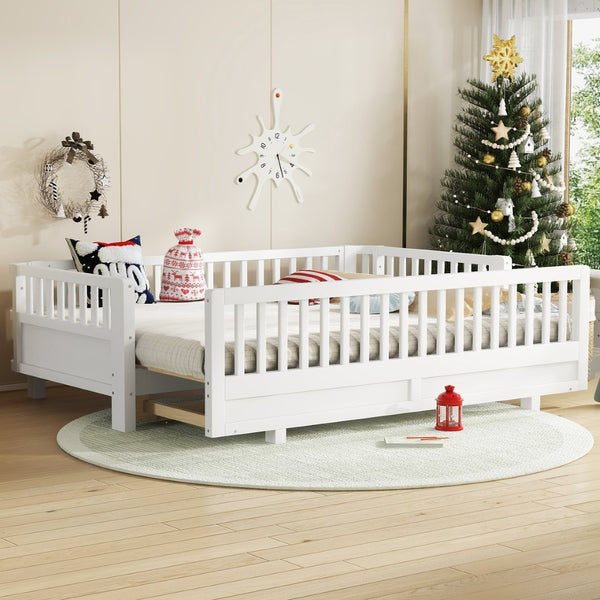 English Elm Twin Xl Platform Bed Frame With Guardrails - Solid Pine Wood, Convertible To Queen, White Finish W1580S00241-GIGA