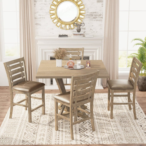 English Elm [5-Piece] Rustic Farmhouse Counter Height Dining Set With Upholstered Chairs For Cozy Spaces W2537S00002-GIGA