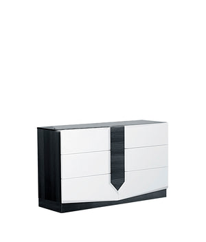 English Elm VIOS Zebra High Gloss Chest with Black Zebrano Accents, Solid Wood & MDF, Sleek Modern Storage White+Black 56.69 L x 20.28 W x 34.65 H B201P215804