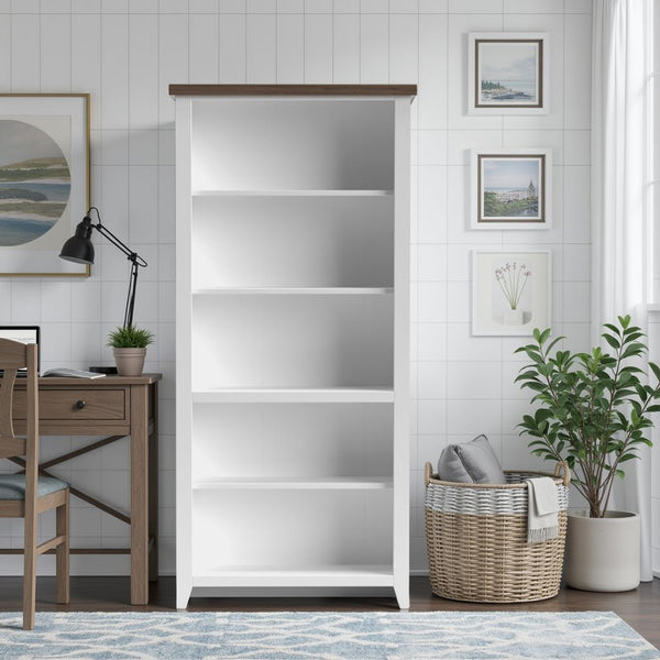 English Elm 72 72-inch 5-Shelf Bookcase Jasmine Whitewash & Barnwood Two-Tone Rustic Farmhouse, Fully Assembled B108P160168