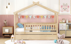 English Elm Twin House Bed with Trundle Solid Pine Frame Walnut Kids Bedroom Sleepover N708P357115N