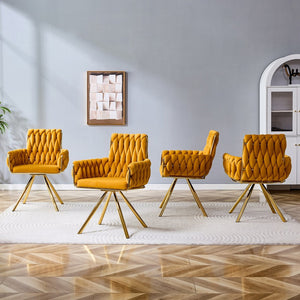 English Elm Set of 2 Velvet Upholstered Dining Chairs Braided Rope Back Glam Metal Legs Gold,Yellow W3875P383935