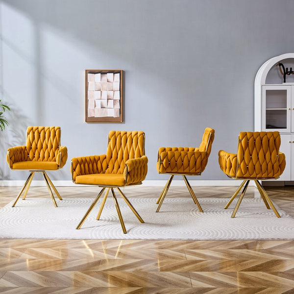 English Elm Set of 2 Velvet Upholstered Dining Chairs Braided Rope Back Glam Metal Legs Gold,Yellow W3875P383935