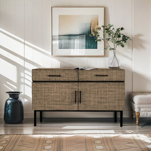 JLA Home Chapel Hill - Accent Chapel Hill Kai Compact Mahogany Cabinet with Drawers & Doors, Brown Textured Finish, Modern Appeal CH130-1012
