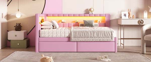 English Elm Upholstered Twin Platform Bed with USB Ports, LED Light Belt, Linen Backrest & 2 Storage Drawers Pink DL001926AAH