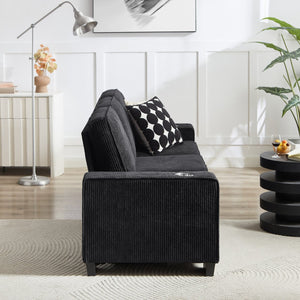 English Elm 83.86"Corduroy comfy sofa with resilient sponge & spring cushions, stylish modern 3-seater for living spaces Black W1359P215065