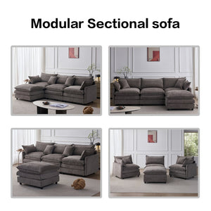English Elm 105" L-shaped Chenille Sectional with Ottoman Pocket Spring Living Room Sofa Grey W1097S00228