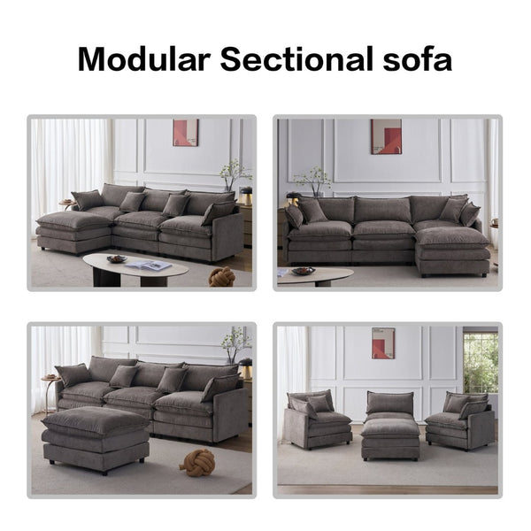English Elm 105" L-shaped Chenille Sectional with Ottoman Pocket Spring Living Room Sofa Grey W1097S00228