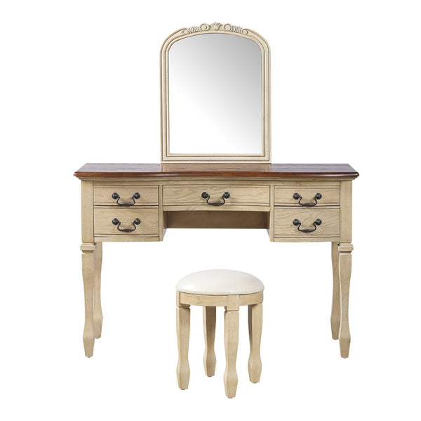 English Elm 46" Vintage Dressing Table Floral Carved Mirror 5 Drawers Stool Bedroom Vanity N704P381405K