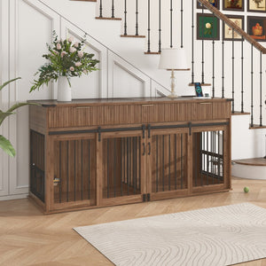 English Elm 71'' Walnut Woodgrain Dog Kennel Cabinet with Fluted Drawers and Built-in Power Station W5216S00002