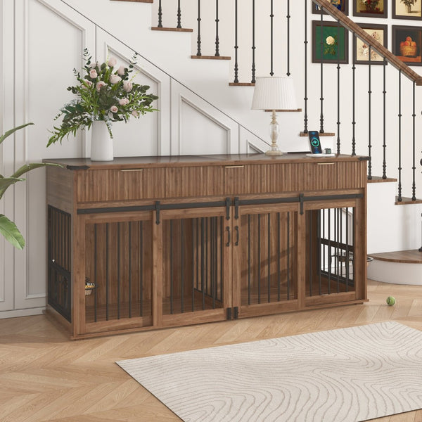 English Elm 71'' Walnut Woodgrain Dog Kennel Cabinet with Fluted Drawers and Built-in Power Station W5216S00002