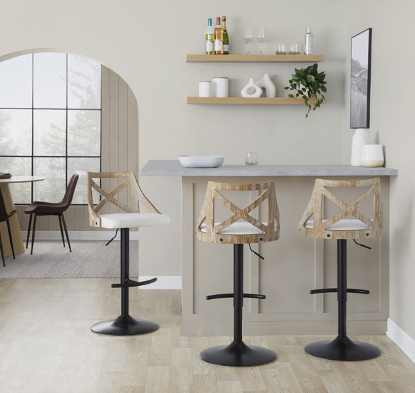 English Elm Adjustable Farmhouse Barstools with Cream Cushion Swivel Seat and Wood Accents Set of 2 B202S02168