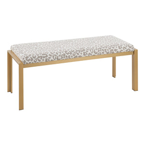 English Elm Fuji Gold Metal Bench with Grey Leopard Fabric Upholstery — Padded Seat, Seats Two, Modern Chic B202S01159