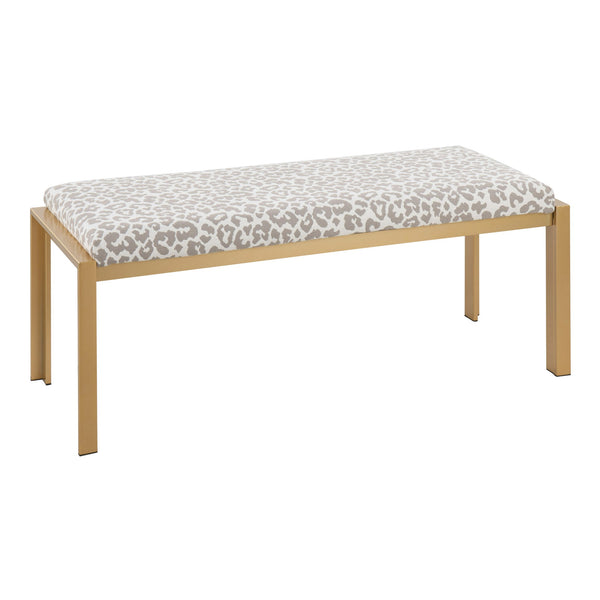 English Elm Fuji Gold Metal Bench with Grey Leopard Fabric Upholstery — Padded Seat, Seats Two, Modern Chic B202S01159