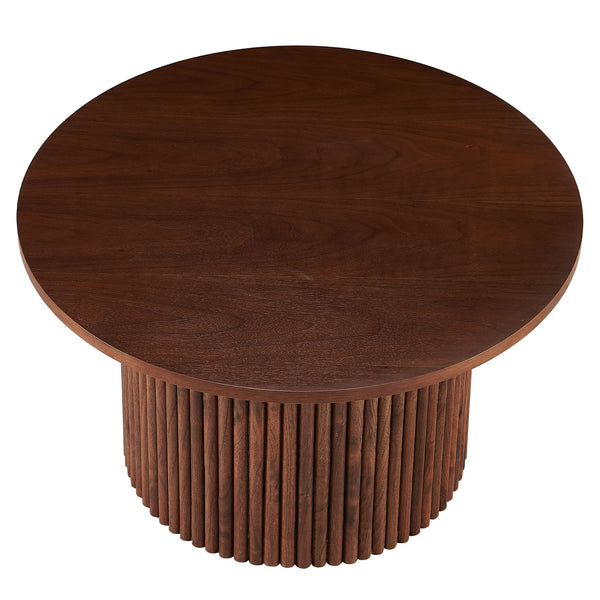 English Elm Walnut Mid-Century Round Side Tables Set of 2 — Elegant Roman Column Metal Base, Sturdy Veneer Top W1164S00027