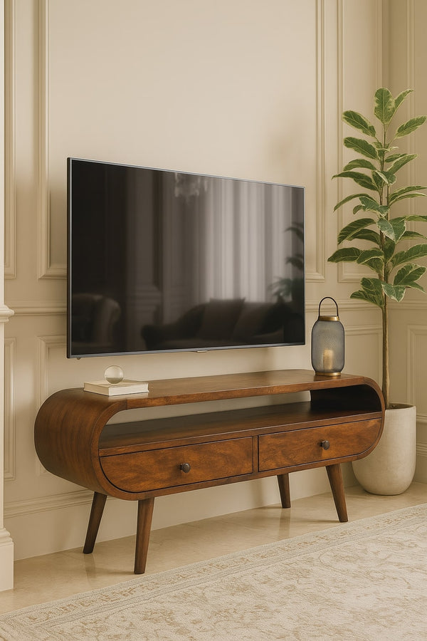 English Elm Chestnut Circular Tv Stand With 2 Drawers & Open Slot - Nordic Style For Modern Living Rooms B182P166653