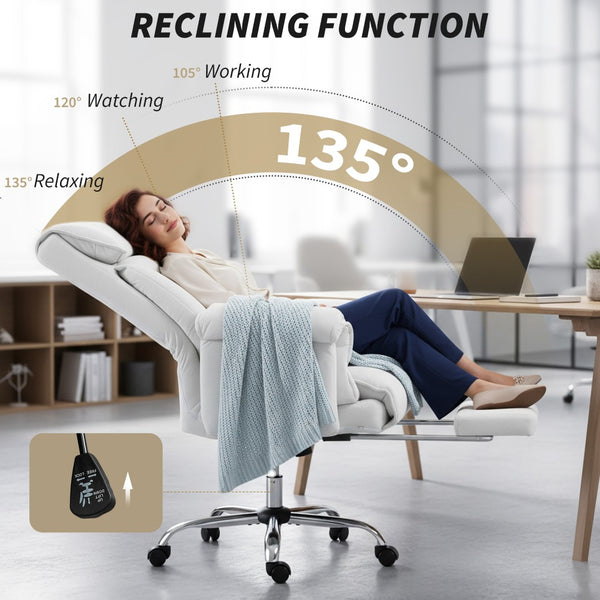 English Elm Homcom Reclining High Back Desk Chair Plush Foam Cushion Flannel Swivel Cream W2225P485649