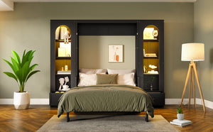 English Elm Queen Murphy Platform Bed with Foldaway Cabinet, Built-In LED, Side Cabinets & Drawers for Small Spaces Black N7090002226B