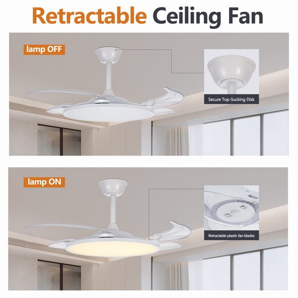 English Elm Retractable 42" Ceiling Fan with Light and Remote, Flush Mount Fandelier, 3CCT DC, Ultra-Quiet White W2312P375020